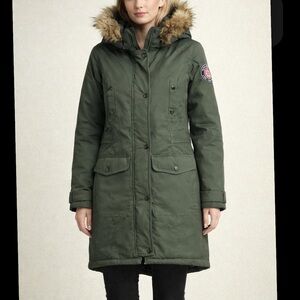 Rocawear Artic Green Faux Fur Hood Tie Waist Snap Puffer Parka Long Coat Size S